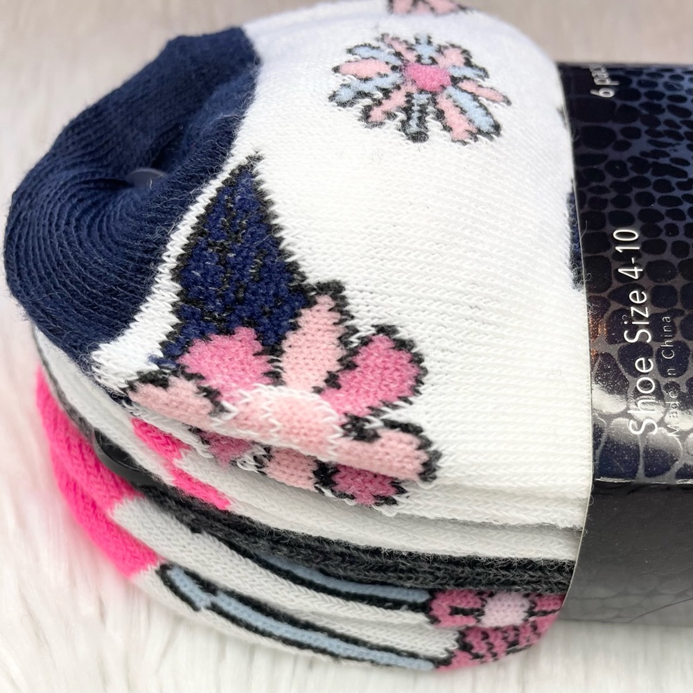 colorful 6 pairs socks pink navy flowers - Picture 2 of 8